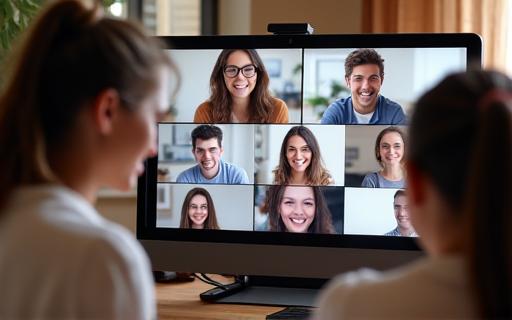 A small group of people happily chatting in an online video call.